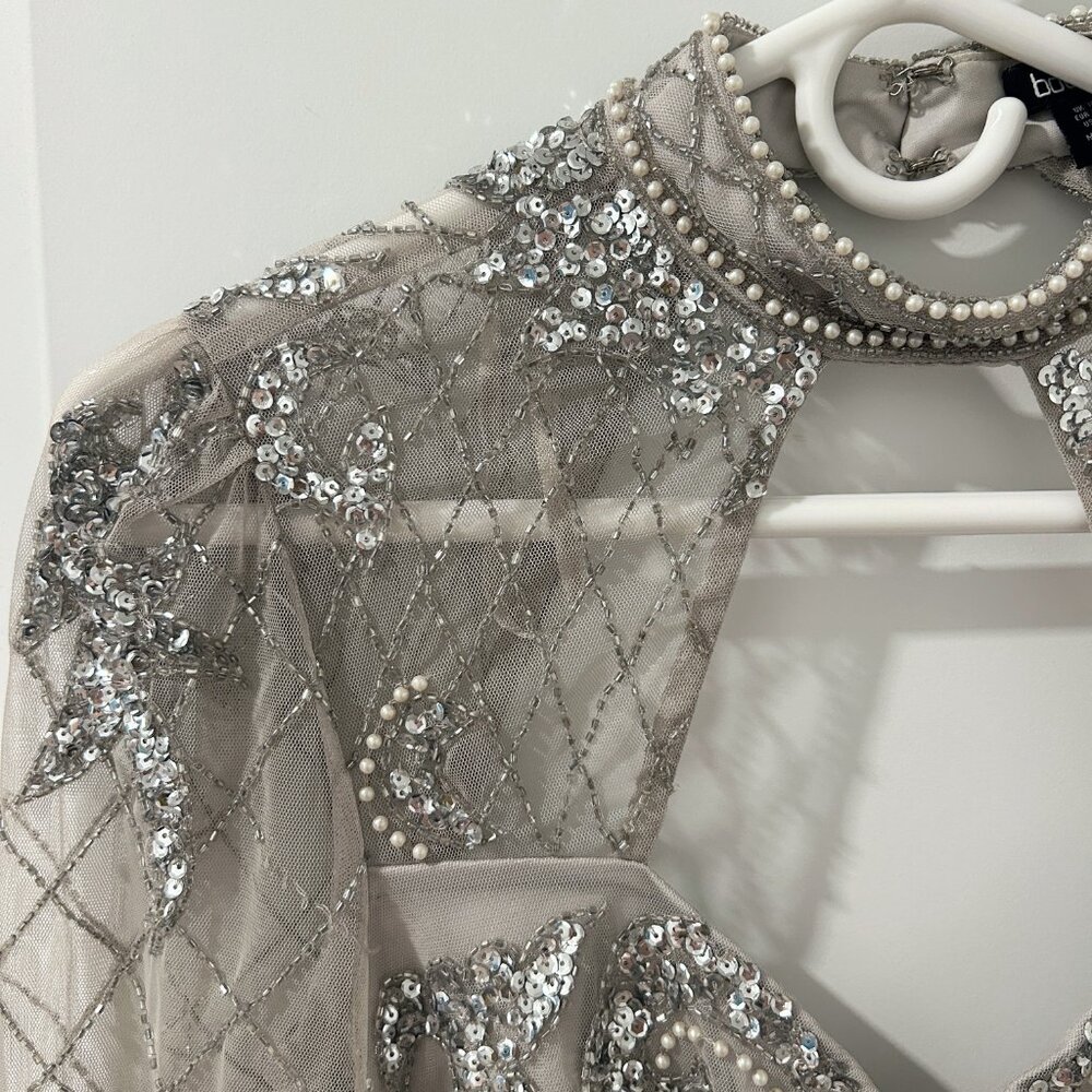 Boohoo Beaded Tassel Silver Mini Dress Long Sleeve - Picture 4 of 12